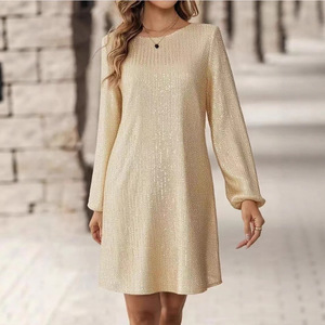 Vestido Midi de Lentejuelas con Cuello Redondo para Mujer, Vestido de Noche de Manga Larga, Estilo Simple y Cómodo, Cintura Natural - Product Image 2