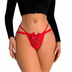 Alluring Red Sheer Lace Bow Decor Double Strap Low Rise Seductive European Style <strong>V</strong> <strong>String</strong> Women Intimate Thong Panties - Product Image 4