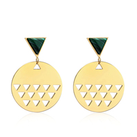 Boucles d'oreilles pendantes tendance en acier inoxydable avec disque en pierre verte et motif triangulaire en malachite, style bohème pour femme