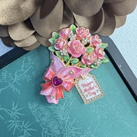 Broche en émail en forme de bouquet de roses, avec étiquette 'Joyeuse Fête des Mères', épingle cœur en strass, broches florales vintage