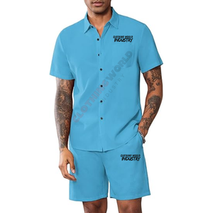 Casual wear customized logo <b>design</b> outfit summer set Customized <b>design</b> sky blue color shirt and short set - Product Image 4