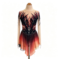 Costume de patinage artistique en spandex/nylon avec strass dégradé noir et rouge, manches longues, dos en V profond, robe de performance sur glace pour filles et enfants