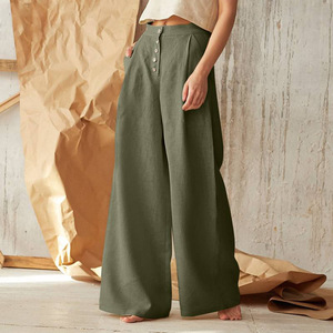 Boutique 2025 printemps nouvelle couleur unie taille haute décontracté bouton coton <span class=keywords><strong>lin</strong></span> pantalon à jambes larges pantalons pour femmes - Product Image 1