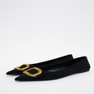 2026 Korean <strong>Vintage</strong> Fashion Design <strong>Women's</strong> <strong>Shoes</strong> Black Pointed-Toe Flats with Gold Metal Buckle - Product Image 1