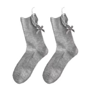 Cotton Crew <b>Socks</b> With Bow Light Gray Mid Calf For Women Breathable Sweat Absorbing Odor Resistant Youth Style - Product Image 3