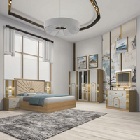 DAVINI Ensemble de meubles de chambre à coucher de luxe avec coiffeuse et armoire de rangement, finition laquée beige brillante et tête de lit éclairée