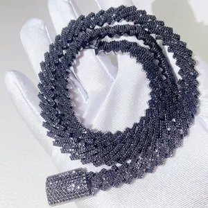 Блестящие ювелирные изделия Guangzhou из стерлингового серебра 10 мм, кубинская цепь в стиле хип-хоп со сверкающим черным муассанитом