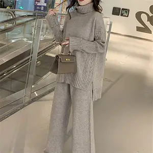 Wholesale Plain Turtleneck Custom Sweaters Two Piece Sets Women knitted Sweater And Wide Leg long Pants Slit Women Sweater Suits