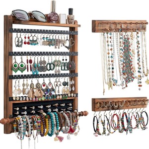Wooden Wall Mounted Jewelry Rack 4 Layers 32x42cm Necklace Bracelet Organizer Storage Display With <b>Hooks</b> - Product Image 2
