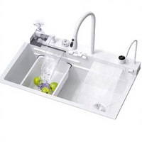 Évier de cuisine multifonctionnel en acier inoxydable 304 blanc avec robinet cascade à affichage numérique, grand bac unique et station de travail avec lave-tasses intégré