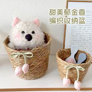 Handmade Woven Storage Basket Round Straw Tulip Decor Desktop Organizer Office Supply - Product Image 5