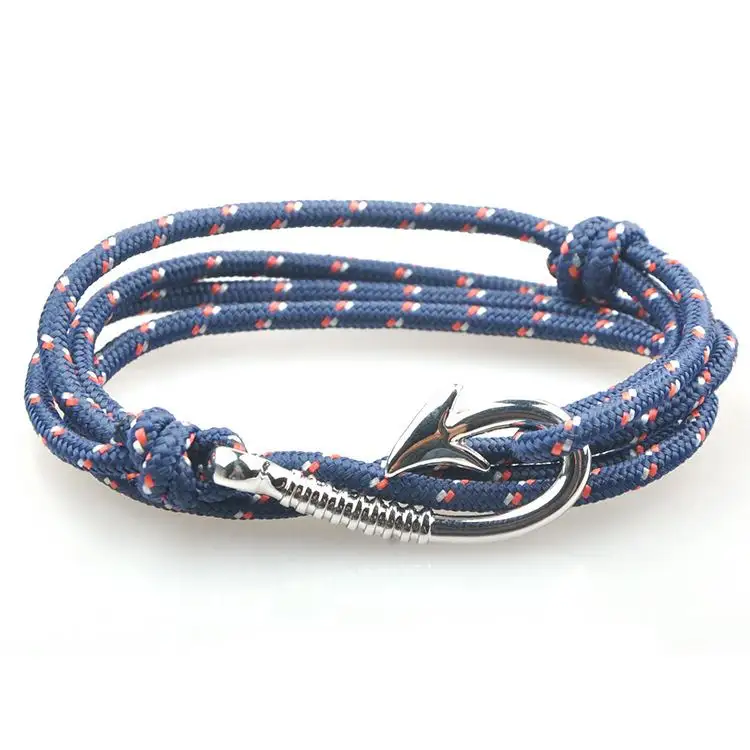 Unisex Silver Anchor Rope Hook Bracelet Multi Colors Outdoor Viking Style Rope Cord Metal Fish Hook Bracelet For Men Women