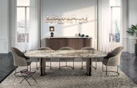 Ensemble de table à manger extensible moderne en acier inoxydable doré avec plateau en marbre et revêtement en cuir, 8 places, mobilier de luxe ovale pour la maison et l'hôtel