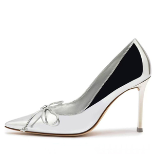 <b>Large</b> Size 46 Women Pointed Toe Solid Shoes High Thin Heels Silver Patent Sandals Dress Stiletto Wide Feet Front <b>Bow</b> Pumps - Product Image 1