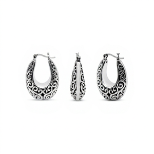 Vintage Silver Hoop <b>Earrings</b> for <b>Men</b> Antique Filigree Engraved <b>Huggie</b> Jewelry Custom Wholesale Filigree Scroll Oval Hoop <b>Earring</b> - Product Image 1