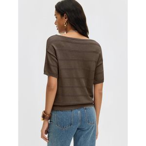 FOXA Suéter de manga corta para mujer, cuello barco de ganchillo, top informal ligero, ropa de verano para vacaciones en la playa - Product Image 5