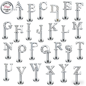 G23 Freya Piercings Labret à dos plat pour <span class=keywords><strong>l</strong></span>èvre et hélix, en Titane ASTM F136, Zircon, avec 26 lettres, Bijoux de corps - Product Image 2