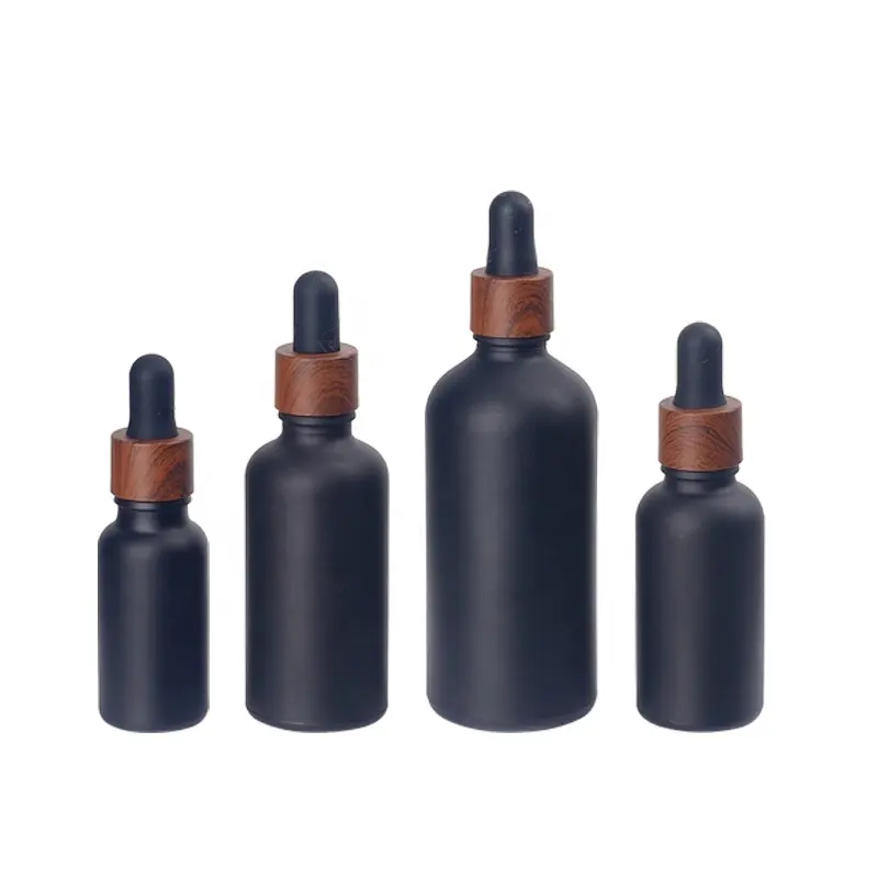 Bouteille en verre noir givré 5 ml 10 ml 15 ml 30 ml bouteilles d'huile essentielle en verre noir mat avec compte-gouttes en bois de transfert d'eau