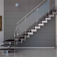Escalier flottant moderne en bois pour intérieur avec garde-corps en verre sans cadre, ensemble d'escaliers à montantes ouvertes pour villa