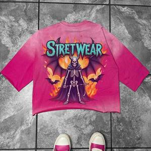 Custom Men's Loose Vintage Oversized Crop <strong>T</strong>-<strong>Shirts</strong> with <strong>3D</strong> Patchwork 100% Cotton 300 Grams Knitted Fabric DTG <strong>Print</strong> Stand Collar - Product Image 2