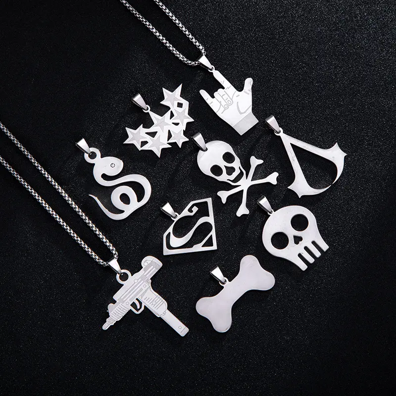 Neue Mode Hip Hop Edelstahl Halskette Viele Designs Bone Skull Star Gun Anhänger Halskette für Männer Frauen