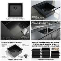 Évier de cuisine professionnel encastré noir 15x19 pouces, fait main, en acier inoxydable nano de calibre 16, cuve simple profonde, avec finition laiton