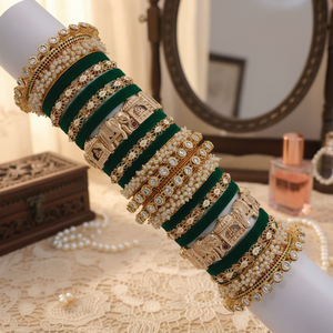 Gold Plated Meenakari Velvet <b>Bangles</b> <b>Set</b> with Pota Stone and Pearl Elegant Pearl Bracelets - Product Image 3