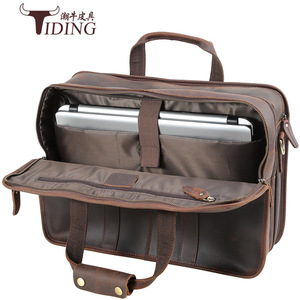 Tiding Crazy Horse Leather <b>Briefcase</b> 17 Inch Multi Functional Business Travel Bag Men Solid Color - Product Image 4