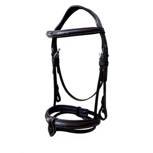 Bridon de dressage anatomique de luxe en cuir rembourré marron Havana, avec surmêchoir flash et surpiqûres fantaisie personnalisées - Product Image 1