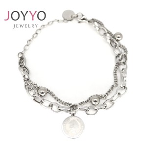 <strong>Logo</strong> Engraved Custom Round Charm Double Layer <strong>Bracelet</strong> Jewelry Gift Wristbands Adjustable Cuban Chain with <strong>Beads</strong> <strong>Bracelet</strong> Women - Product Image 1