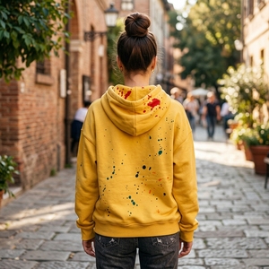 Sweat à capuche pour femme en molleton de coton avec logo personnalisé, style streetwear, jaune, effet éclaboussures de peinture, épaules tombantes - Product Image 2