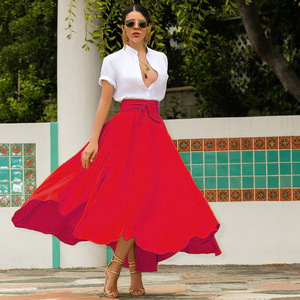 New High Waist Pockets Women's Skirt Summer Spring Elegant <strong>Bow</strong> Pleated Dress Ladies Casual <strong>Large</strong> Hem Skirts - Product Image 3