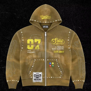 Áo hoodie nam thiết kế cao cấp 100% cotton mùa thu, khóa kéo tùy chỉnh, giặt acid, cổ tròn, dáng rộng, phong cách đường phố cổ điển, năng động - Product Image 2