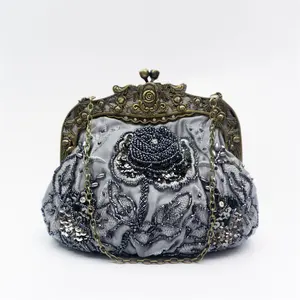 Handmade beaded flower dinner bag retro cheongsam purse hot sale embroidered gold clutch for women