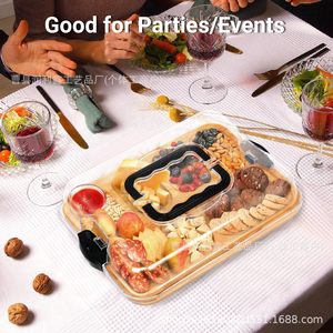 Plateau de service en bambou, planche à fromage en bois massif avec compartiments, plateau à collations, fruits, pain, idéal pour les pique-niques et les fêtes - Product Image 4