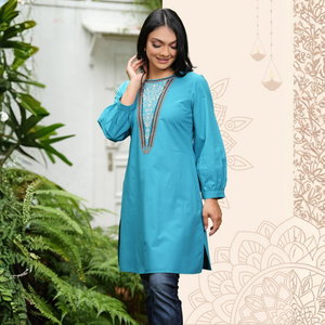 Kurta de Primera Calidad, Transpirable, con Cuello Redondo, Bordado y Detalle de Mangas Fruncidas - Product Image 6