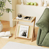 Table d'appoint en bambou de qualité supérieure en forme de Z avec étagère de rangement en rotin et plateau en verre ; Bureau pliable moderne pour ordinateur portable, idéal pour le lit et le canapé