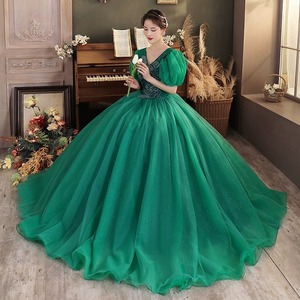 V-neck Chiffon Ball Gown Empire Waistline Vintage Evening Dress For Women Dark Green And Red Long Puffy Skirt Performance Wear - Product Image 2