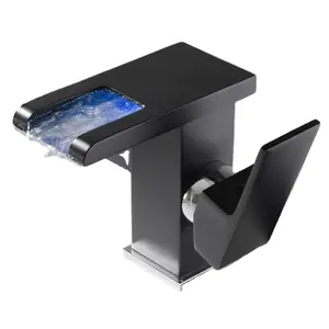 LED Waterfall Sink Taps Matte Black New Square Basin Water Tap Bath Deck Mounted Led Bathroom Water Taps