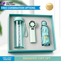 Coffret Cadeau d'Entreprise Personnalisé avec Logo : 3 Pièces Rafraîchissantes pour l'Été (Gobelet LocknLock, Ventilateur Portable, Parapluie, Batterie Externe)