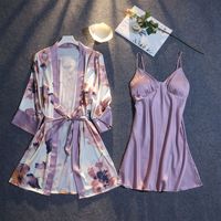 Chemise de nuit d'été sexy en soie imprimée de motifs floraux Pyjamas pour femmes Ensemble deux pièces