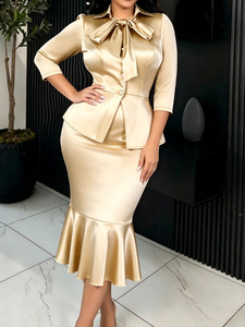 Conjunto de Traje de Primavera de 2 Piezas para Mujer: Blusa Formal con Lazo y Pantalones Cortos Sirena de Manga Tres Cuartos con Cierre - Product Image 1