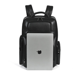 Men's Business <b>Backpack</b> Genuine Leather 16-Inch Laptop Bag Large Capacity Travel Bag Solid Color <b>Black</b> - Product Image 3