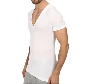 Kaus kerah v lengan pendek pria, kaos putih murah label tenun sublimasi kustom obral besar