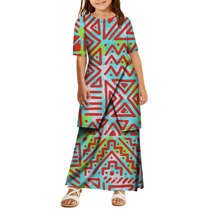 ドロップシッピングカスタムプラスサイズ太平洋島アートデザイン子供半袖Puletasドレス<span class=keywords><strong>2</strong></span>ピースセット夏女の子ロングドレス - Product Image 5