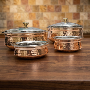 Ensemble de plats ronds en acier inoxydable et cuivre martelé avec couvercle, design moderne, vaisselle en métal écologique pour usage domestique - Product Image 3