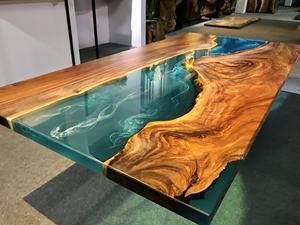 Table en bois massif à bord naturel, fabriquée à la main, avec incrustation de résine bleue époustouflante, tailles personnalisables, idéale pour une maison moderne - Product Image 4