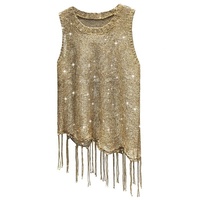 Camisole à paillettes sans manches col rond avec glands, haut en tricot pour femmes
