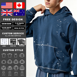 KingSen Custom Heavyweight Cotton <b>Men</b> Hoodie Retro Splatter Spray Dye Contrast Stitch Oversized Streetwear <b>Pullover</b> Casual Wear - Product Image 2