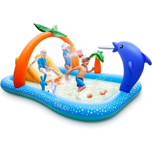 Inflatable Dolphin Water Play Center Kids Backyard Splash Pad with <b>Slide</b> & Sprinkler Outdoor Swimming <b>Pool</b> Toy - Product Image 1